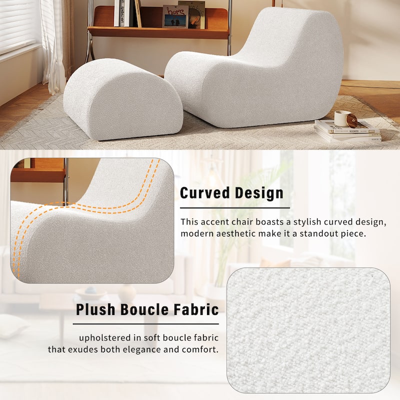 Upholstered Accent Chair with Ottoman, Ergonomic Curved Lounge Chair, 29" Wide Modern Recliner Chair, No Assembly Required
