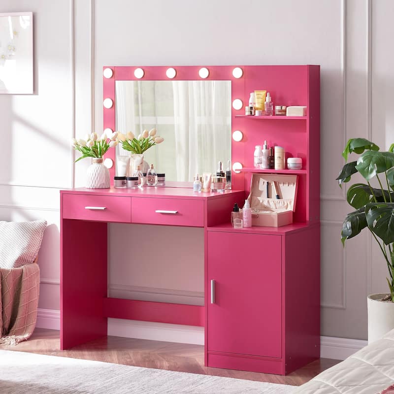 Dressing Vanity Desk with 2 Large Drawers & Large Vertical Organizer & Mirror with 3 Adjustable Lighting Modes