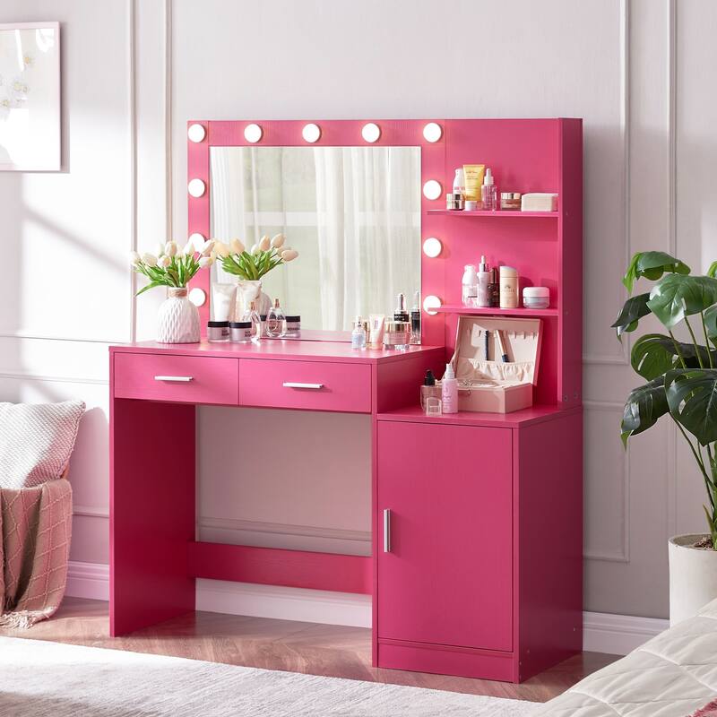 Modern Vanity Desk with Mirror, Lights and Storage