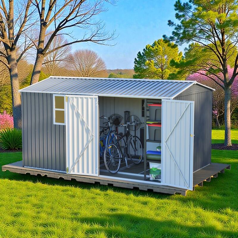 8x12 FT Outdoor Metal Storage Shed with Window, Lockable Hinged Doors and 4 Vents, Heavy Duty Steel Shed