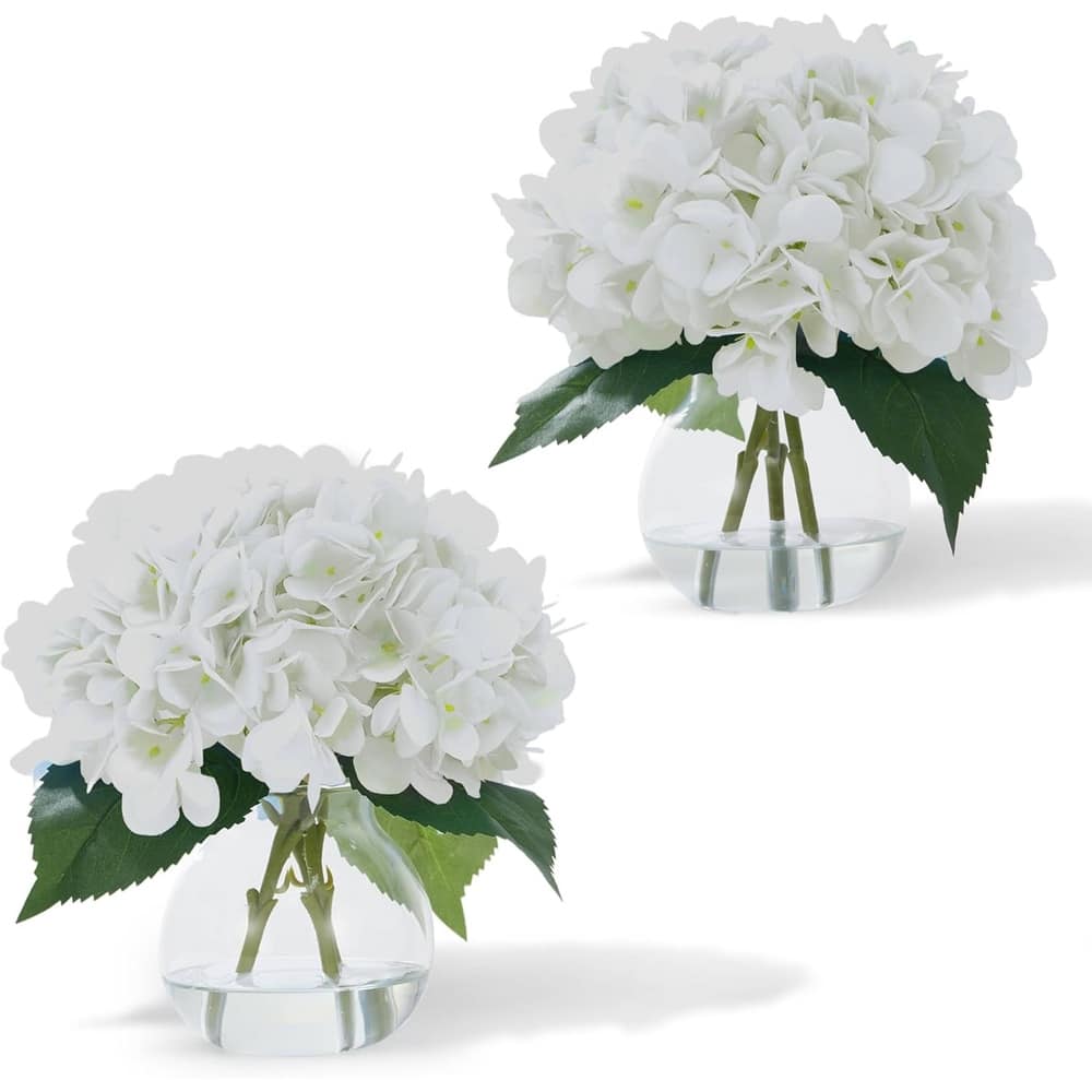 2 Pack Artificial Hydrangea Flowers in Glass Vase with Faux Water for Home Decor - 2 pcs