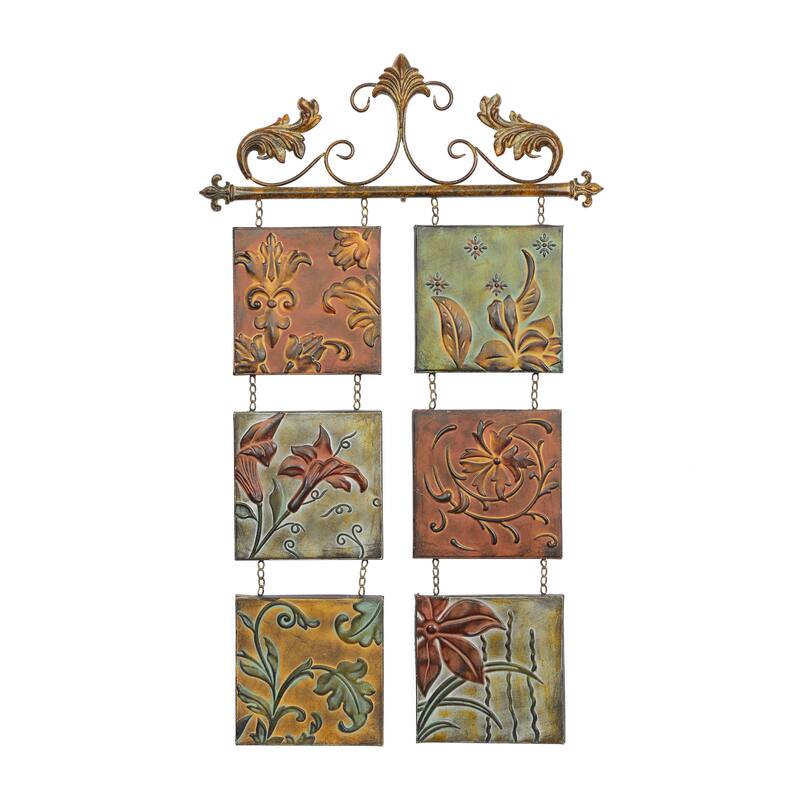 Multi Colored Metal Embossed Floral Home Wall Decor with 6 Suspended Panels and Scroll Details