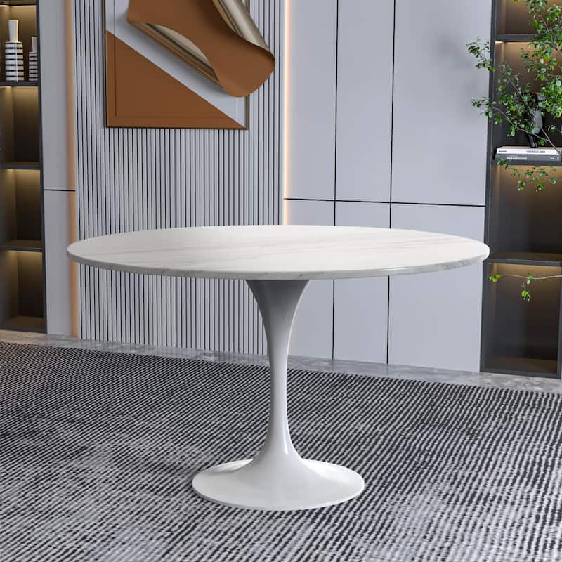 LeisureMod Verve 48" Round Dining Table with Stone TableTop and White Steel Base for Kitchen & Dining Room