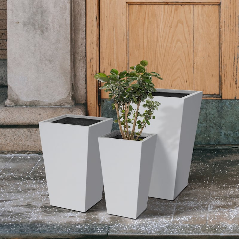 Kante 24", 18", 15.7" Tall Tapered Pure White Concrete Metal Planters (Set of 3), w/ Drainage Hole, Modern Style for Home/Garden