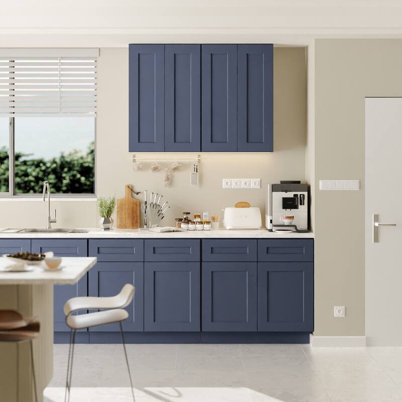 Navy Blue Shaker 30" Solid Wood Wall Cabinet, Soft Close Hinges, Adjustable Shelves, Double Door for Kitchen