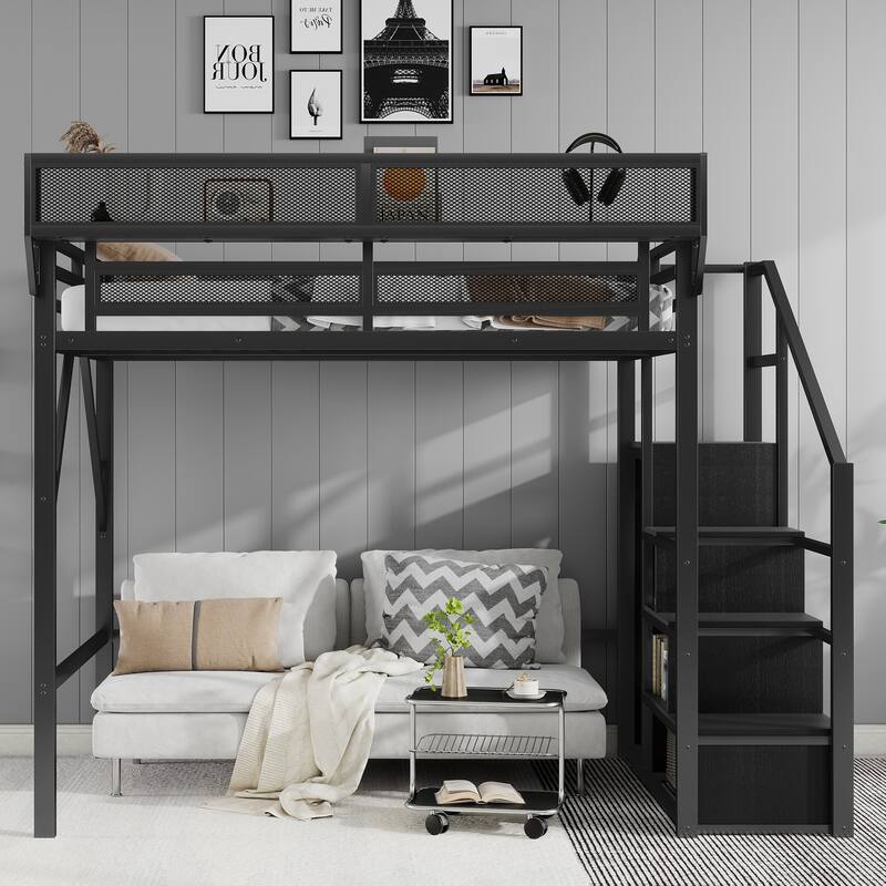 Full Size Loft Bed with Stairs, Metal Full Loft Bed with Storage Shelves, High Loft Bed with Wardrobe for Kids Teens