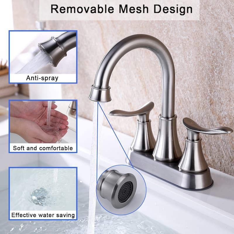 2-Handle 4-Inch Brushed Nickel Bathroom Faucet, Bathroom Vanity Sink Faucets with Pop-up Drain and Supply Hoses