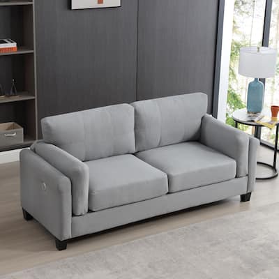 Gray Modern 79" Button Tufted Linen Upholstered 3-seater Sofa with 2 USB Ports and Solid Square Plastic Foot