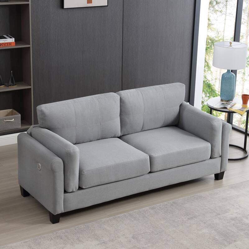 Modern 3-Seat Sofa Couch with USB Charging Ports, Button Tufted Linen Upholstered Sofa for Living Room, Home, or Office - Grey