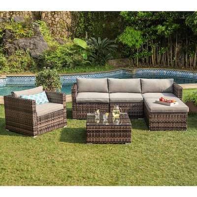 COSIEST Outdoor 6-Piece Wicker Sectional Sofa, Armchair with Ottoman