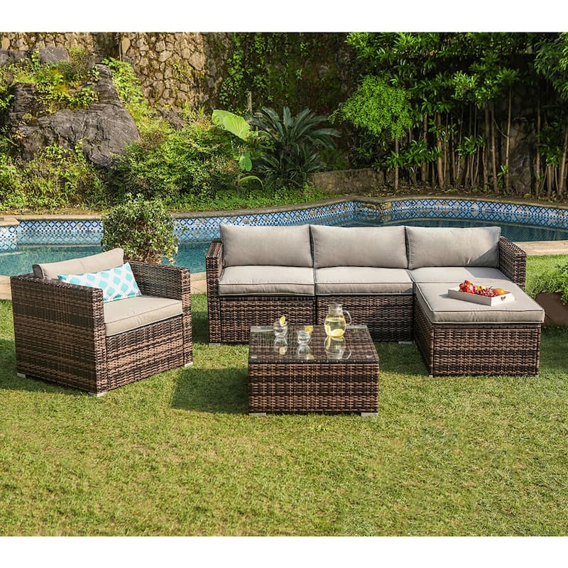 COSIEST Outdoor 6-Piece Wicker Sectional Sofa, Armchair with Ottoman - Brown Wicker/Grey Cushions
