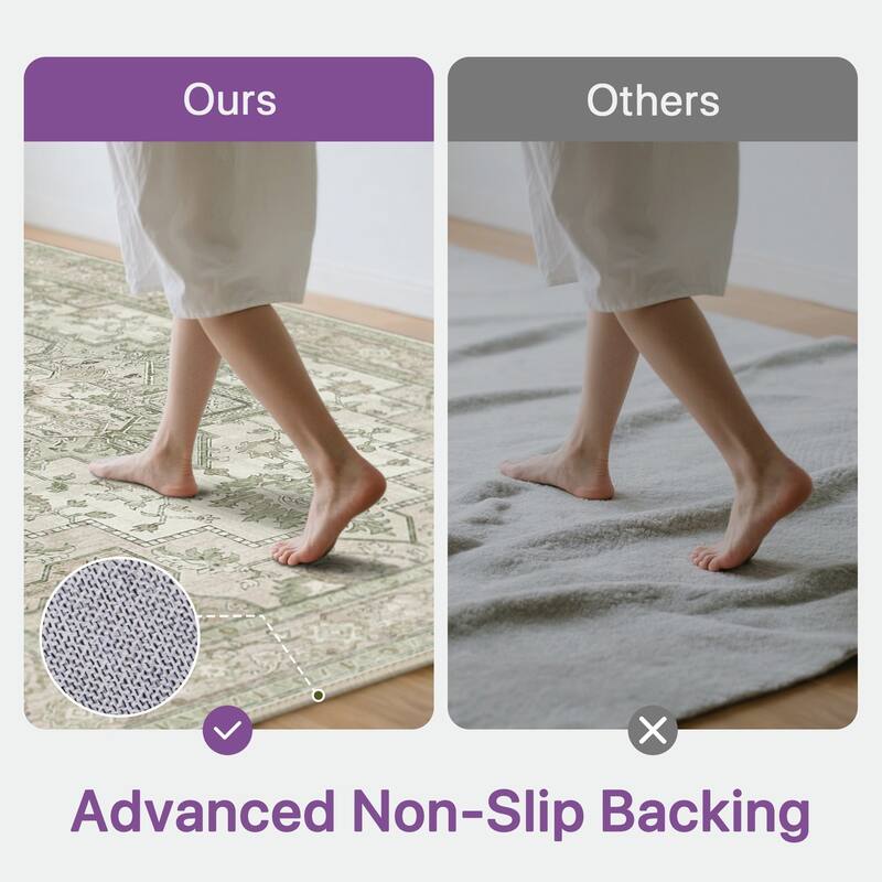 Mcow Green Floral Faded Low Pile Machine Washable Non-Slip Area Rug - 2'X6'