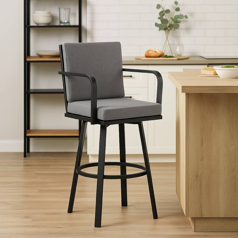 Fely Outdoor Swivel Barstool Chair, Black Aluminum and Gray Cushions