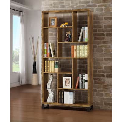 1pc Industrial Style Bookcase Ten Shelves Bookshelf Rustic Antique Nutmeg Black Metal Base Home Office