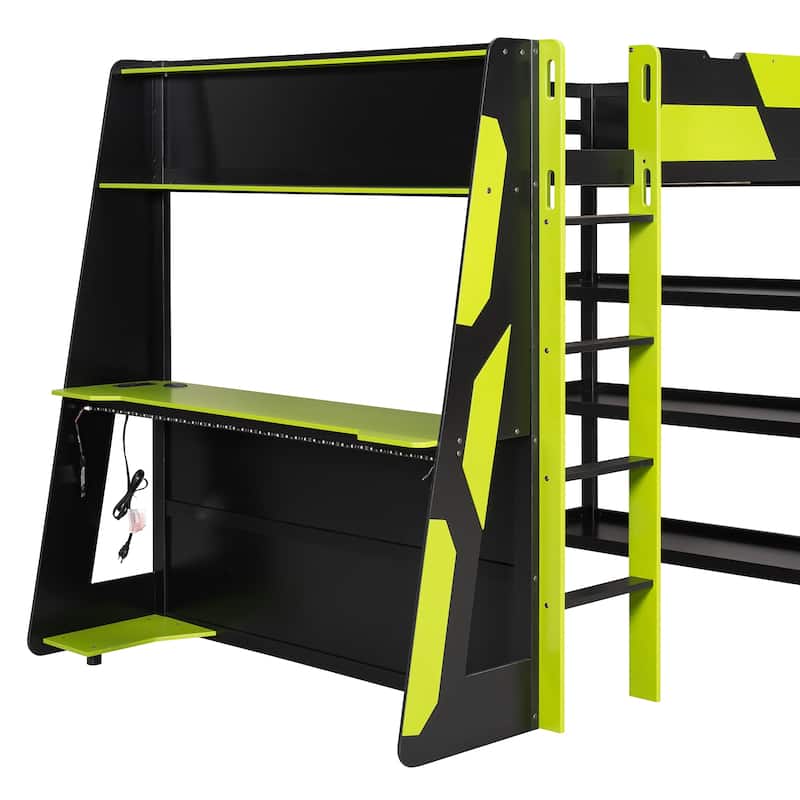 Full Size Gaming Loft Bed Station with Desk, Storage Shelves & RGB LED Lights