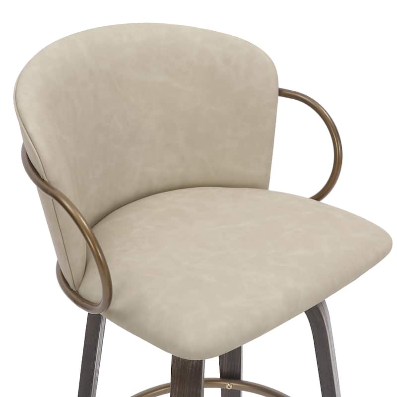 Mid-Century Faux Leather, Wood and Metal 26" Counter Stool with Swivel, Set of 4 - Ivory, Brown and Aged Gold