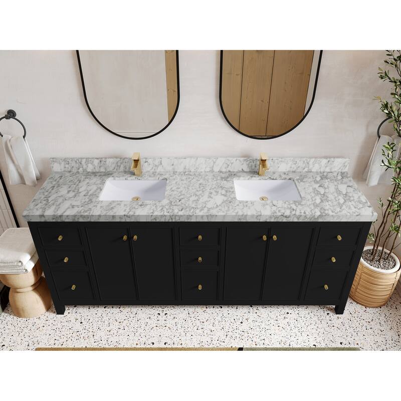 Willow Collections 84 in. W x 22 in. D Chicago Double Bowl Sink Bathroom Vanity with Countertop - 2"Carrara Marble - Black