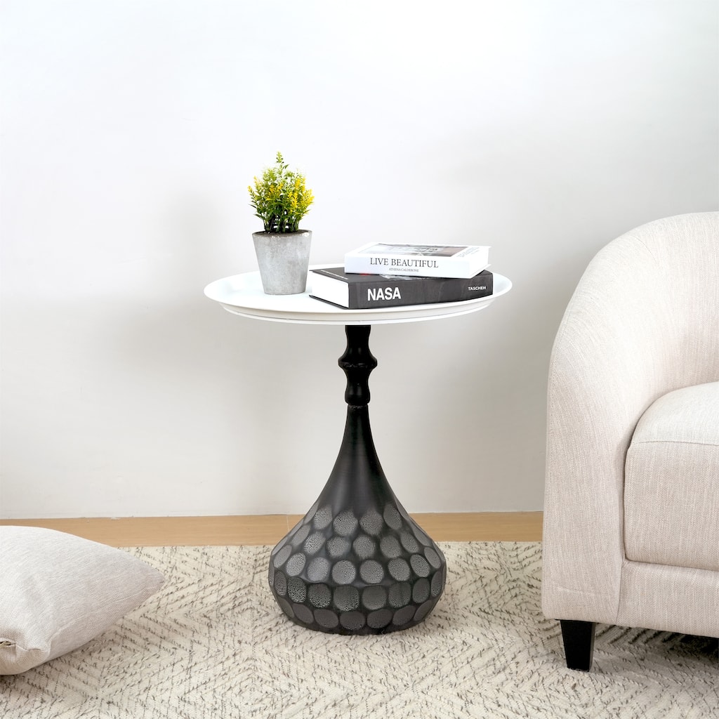 Roomfitters Round Metal Side Table Tray Top, Pedestal Accent End Table Small Coffee Table for Living Room, White and Black