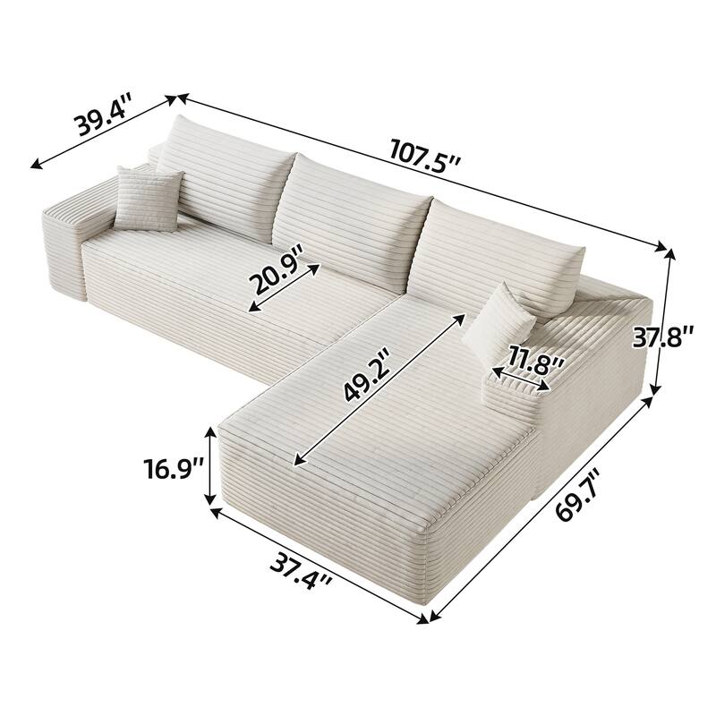 Cloud Sectional Couch with L-Shaped Chaise, Modular 3 Seat Corner Sectional Sofa, Corduroy Upholstered Sleeper Sofa