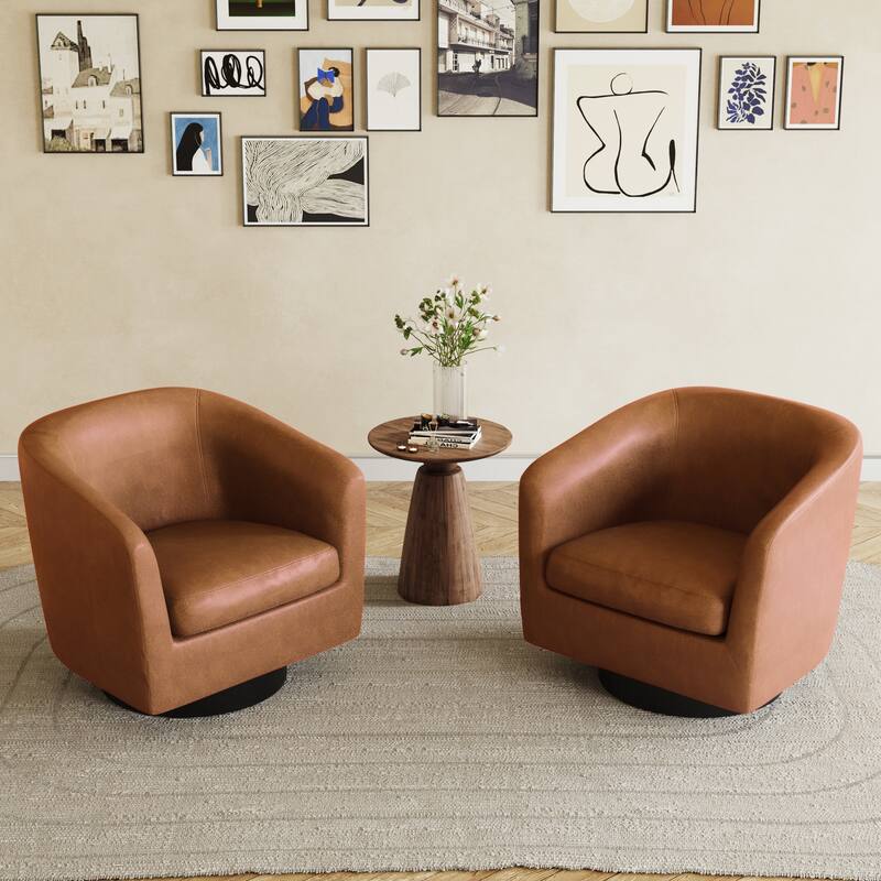 Faux Leather Accent Barrel Chair with Swivel Base