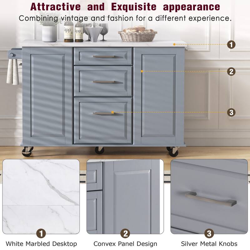 50.7" Rolling Kitchen Island with Tilt Trash Cabinet, Drop Leaf, Pull-Out Organizer, 2 Drawers and 1 Door