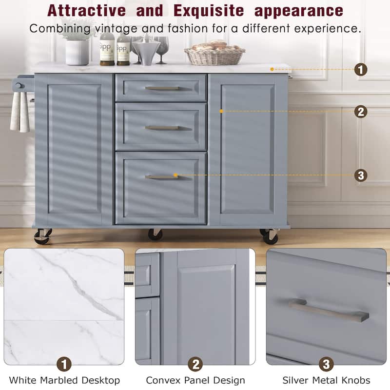 Vintage Rolling Kitchen Cart and Island with Drop Leaf, Tilt Trash Can Cabinet, 2 Drawers and 2-tier Pull-out Storage Organizer