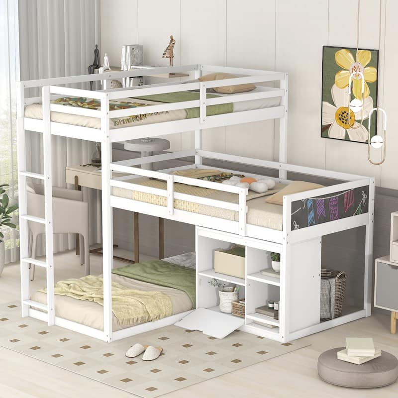LShaped Triple Bunk Bed with Storage Blackboard, and Space