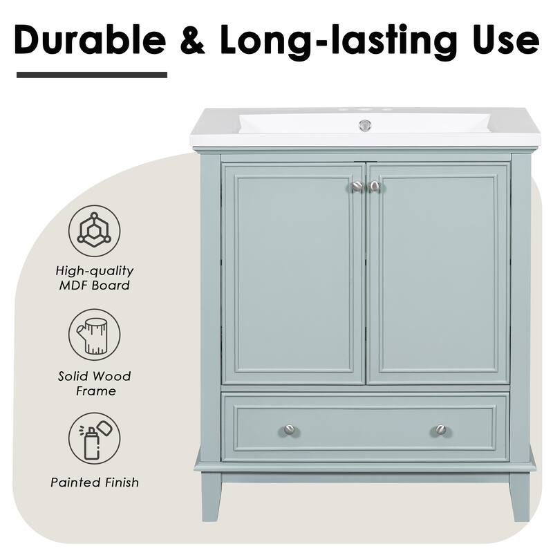 Roomfitters 30" Bathroom Vanity with Sink, Solid Wood Frame, 2 Doors with Storage Racks & Divided Drawer, Green