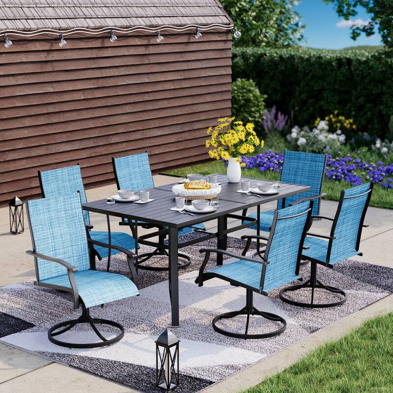 Patio Dining Set w Textilene / Swivel Rocking Chairs, Outdoor Table & Chairs w Adjustable Umbrella Hole, 5/7/9-Piece Garden Set - 7 Piece - Blue-Swivel
