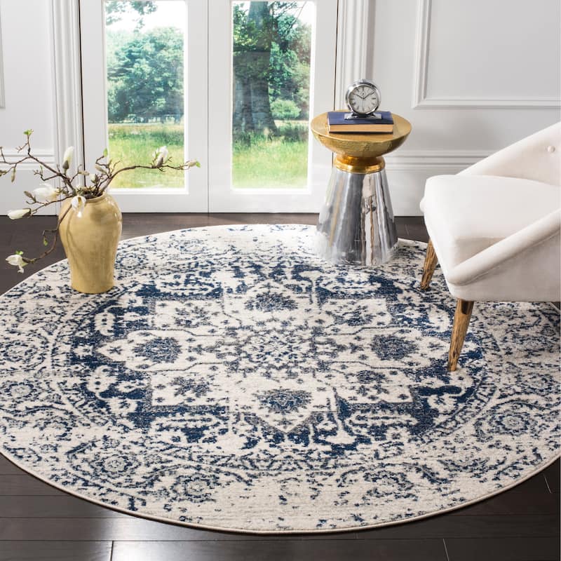SAFAVIEH Madison Snowflake Medallion Rustic Farmhouse Distressed Rug - 6'7" Round - Cream/Navy - Round