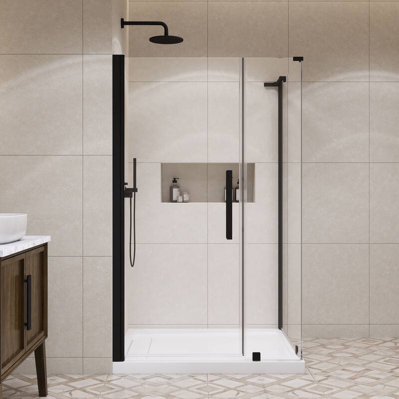 OVE Breeze Pivot Corner Frameless Pivot Shower Door Kit with Base Pan