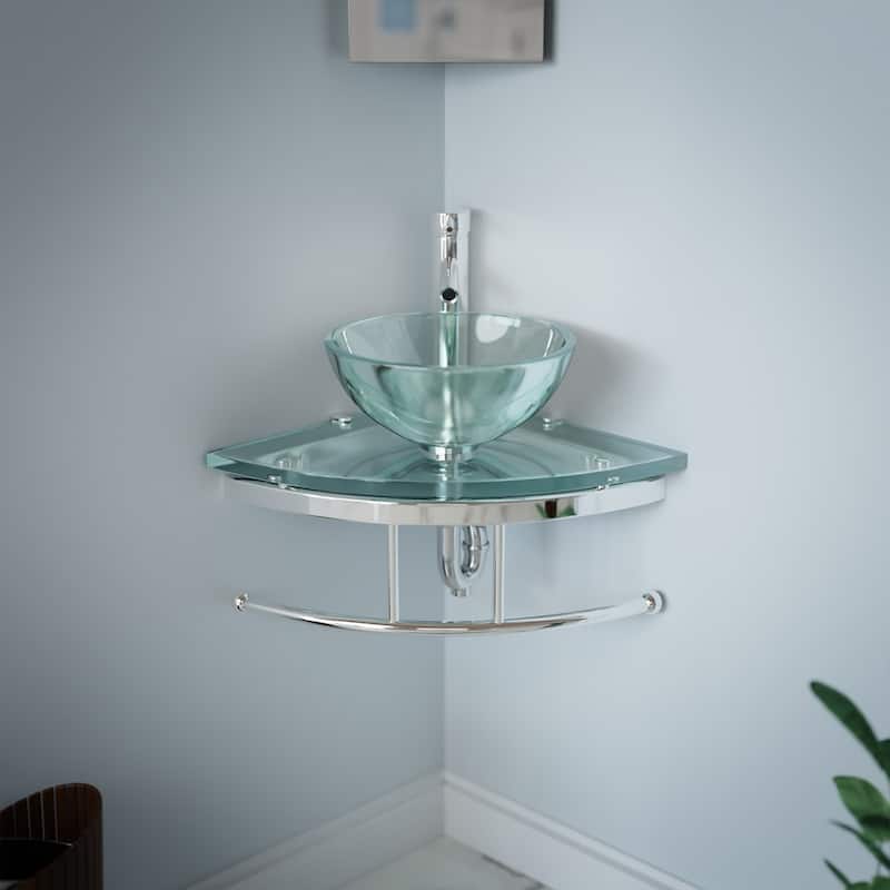 Talula Clear Glass Corner Round Wall Mounted Vessel Sink with Chrome Faucet, Drain and Towel Bar
