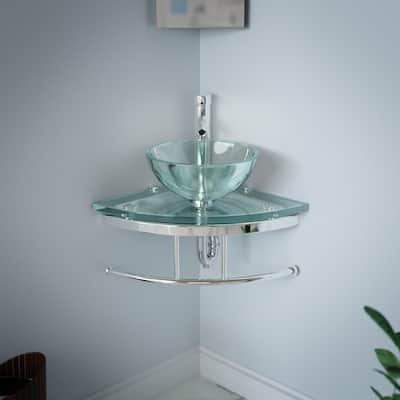 Talula Clear Glass Corner Round Wall Mounted Vessel Sink with Chrome Faucet, Drain and Towel Bar