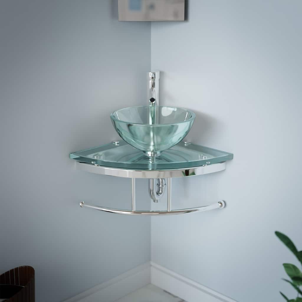 Talula Clear Glass Corner Round Wall Mounted Vessel Sink with Chrome Faucet, Drain and Towel Bar