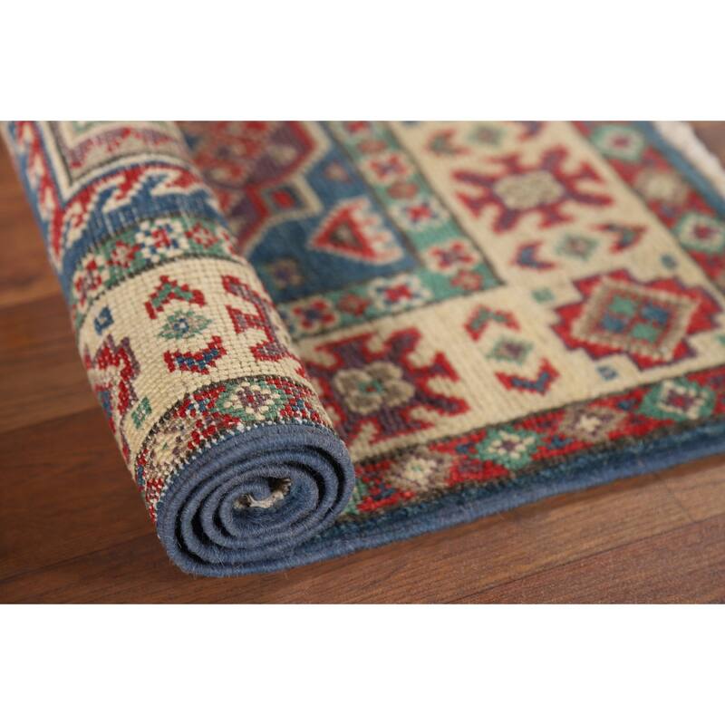 Blue Geometric Kazak Foyer Rug Handmade Wool Carpet - 2'0" x 3'0"