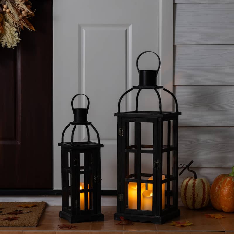 Glitzhome Farmhouse Wooden Metal Cage Candle Holders Patio Hanging Vintage Lanterns (Set of 2)