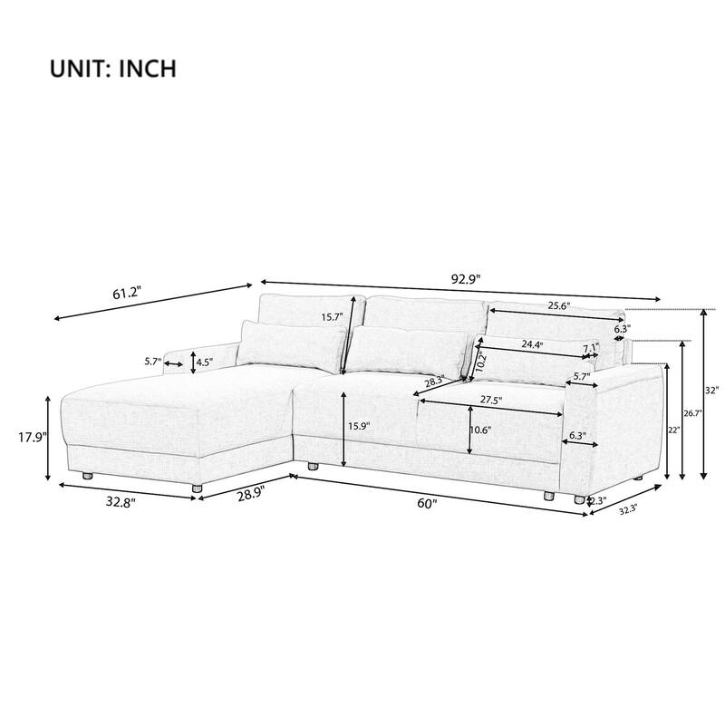 92.90 in Wide Square Arm Fabric L-shaped Removable Back Cushions and 3 Pillows Sofa