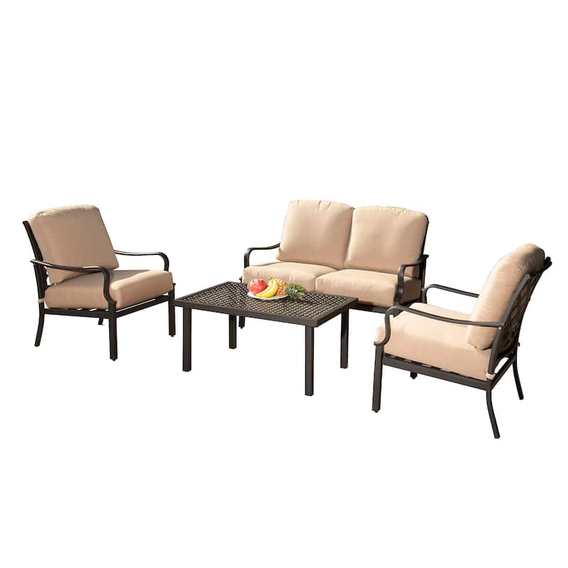 4-Piece Outdoor Patio Dining Set with Iron Frame, Removable Thick Beige Cushions, Rectangle Table, Loveseat, and Chairs