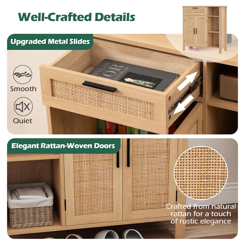 Natural Rattan Buffet Sideboard with Drawer and Cabinet Modern Storage Console Table for Living Room or Dining Room