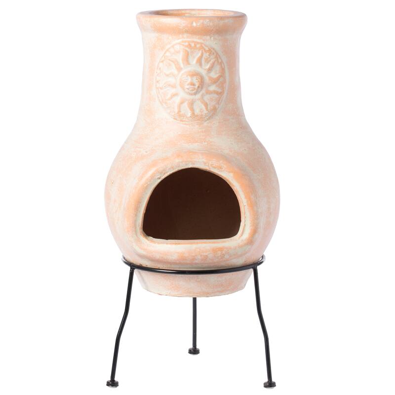 Outdoor Clay Chiminea Sun Design Charcoal Burning Fire Pit - 12" Diameter x 25.50" High