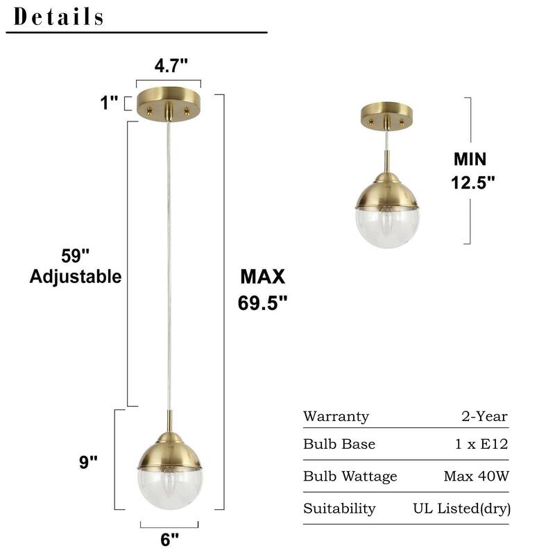 Modern Gold 1-Light Glass Globe Pendant Lights Kitchen Island Lights for Dining Room - 6" D x 9" H