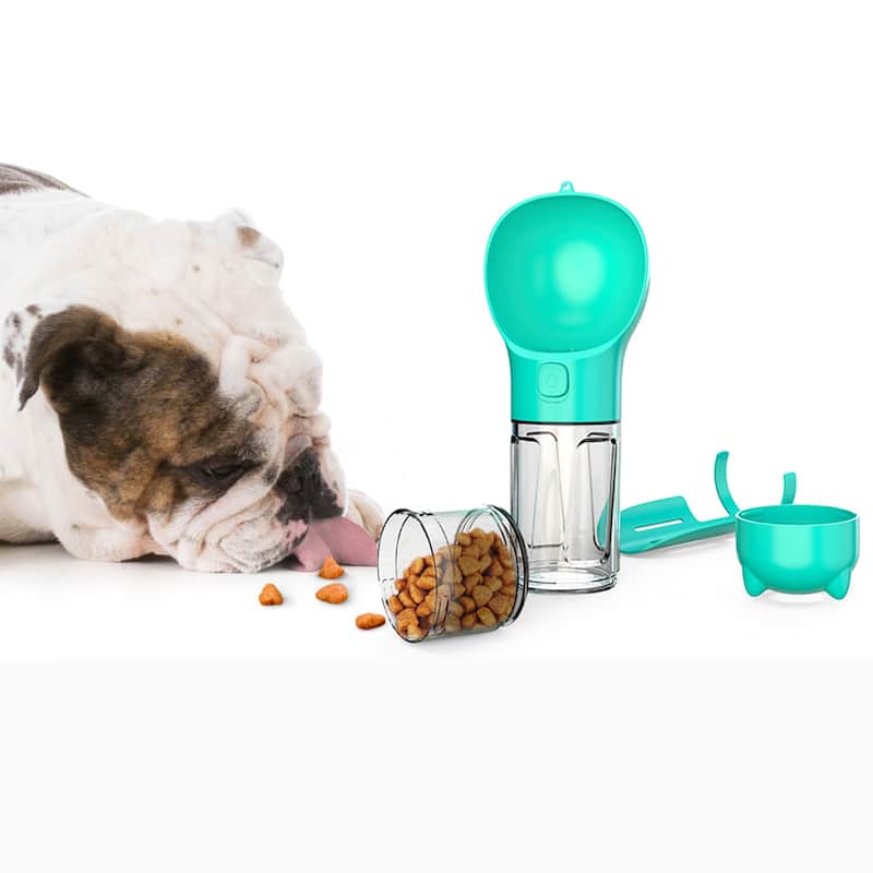3 in 1 Dog Travel Bottle Set, Drinking Feeder, Food Box and Trash Bag Storage - 10 oz - Blue