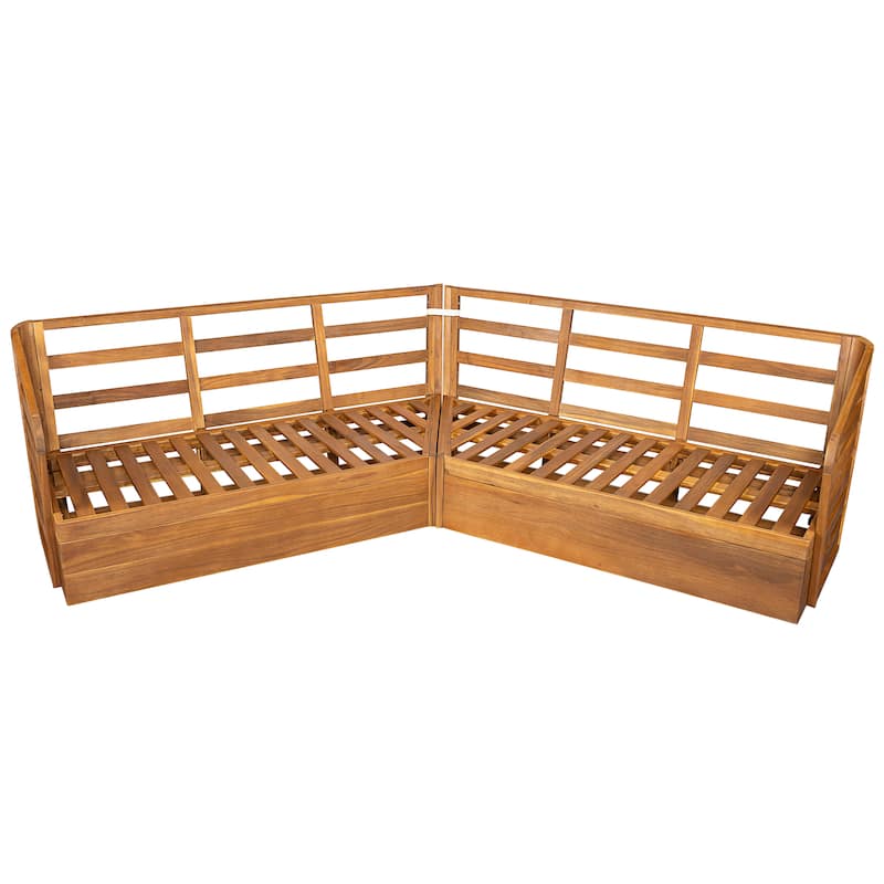 Roomfitters Outdoor Acacia Wood Patio V-Shaped Sofa Sectional Set with Cushions, Beige