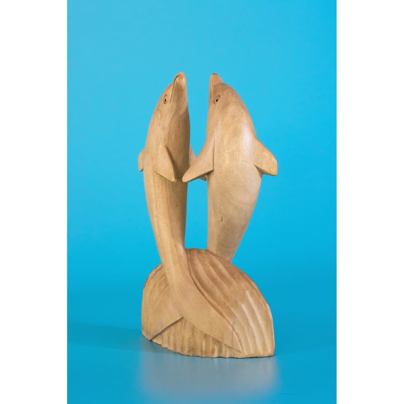 Wooden Hand Carved 2 Jumping Dolphin Statue Sculpture Wood Home Decor Accent Figurine Handcrafted Handmade Seaside Tropical