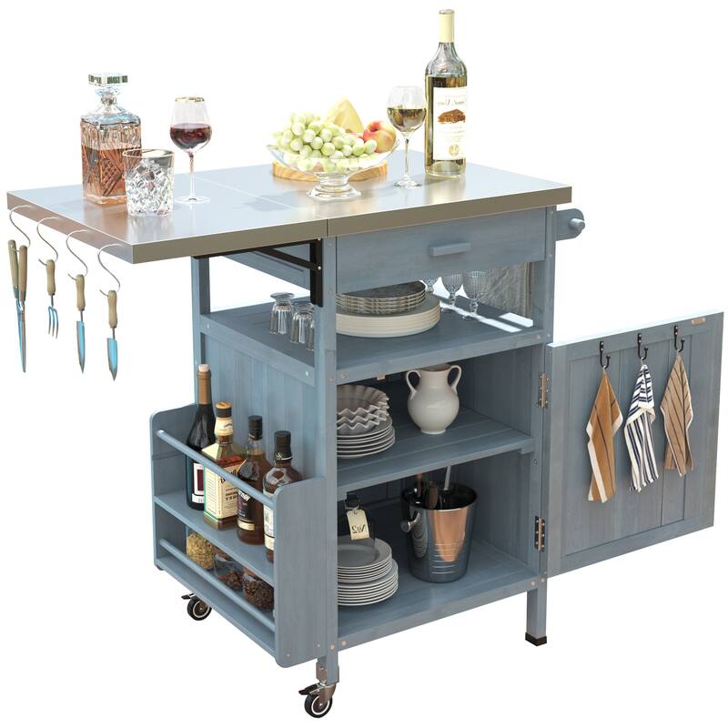 Kitchen Island w/Drop Leaf, Drawer, Towel Rack and Stainless Steel Top w/Wood Storage Cabinet, Rolling Cart for Kitchen Garden