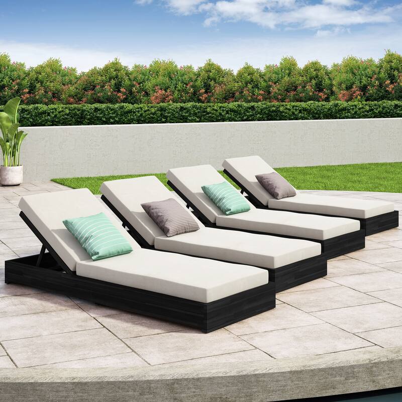 Ian Outdoor Acacia Wood Chaise Lounge with Cushion (Set of 4) by Christopher Knight Home - Black