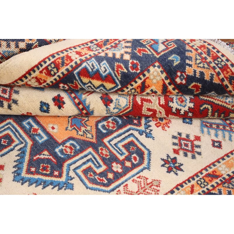 Beige / Ivory Geometric Kazak Oriental Rug Hand-Knotted Wool Carpet - 4'2" x 5'11"