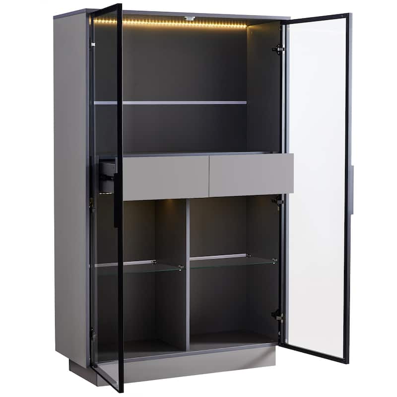 Display Storage Cabinet, Freestanding Display Cabinet with Tempered Glass Doors & LED Lighting