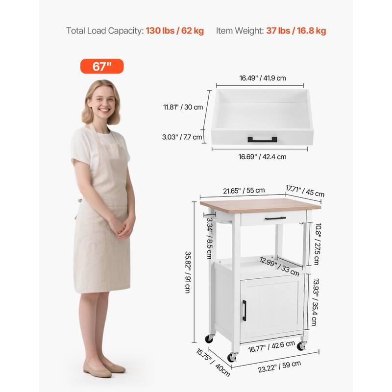 White Rolling Kitchen Island with Storage Drawers and Cabinet Towel Rack and Locking Wheels - 21.65"L x 17.71"W x 35.82"H
