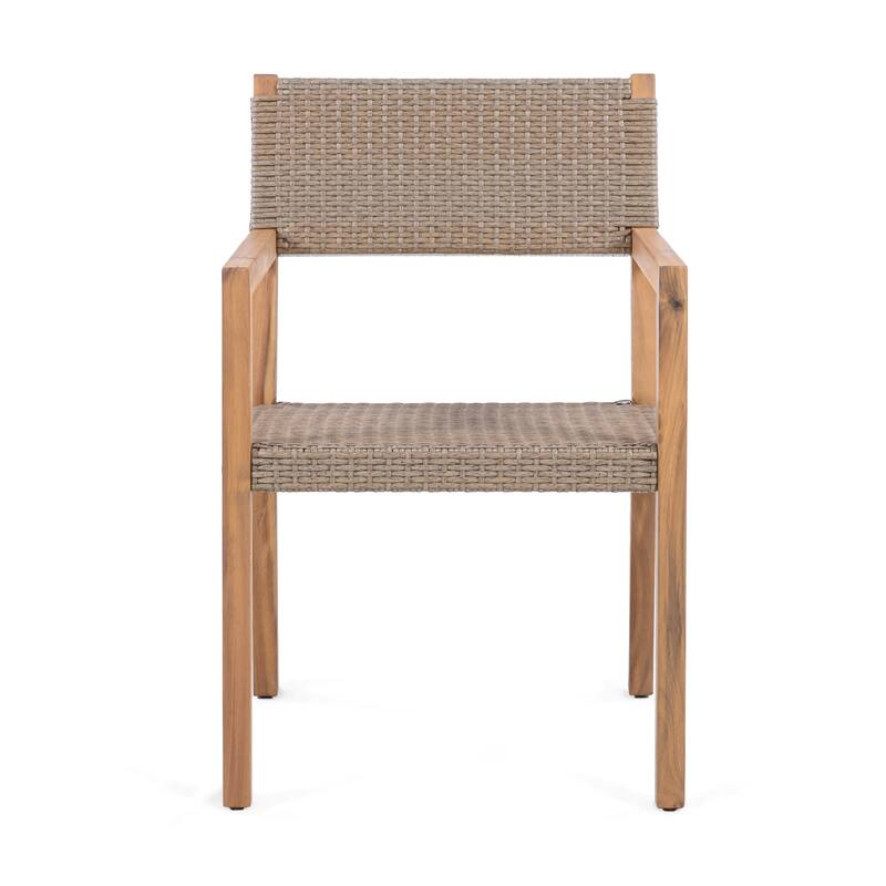 Roomfitters Outdoor Dining Chairs Set of 2 with Light Teak Acacia Wood Frame and PE Wicker, Patio Armchairs